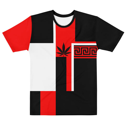A straight-on product shot of the De Stijl-inspired shirt, showcasing the complete black, red, and white geometric design.