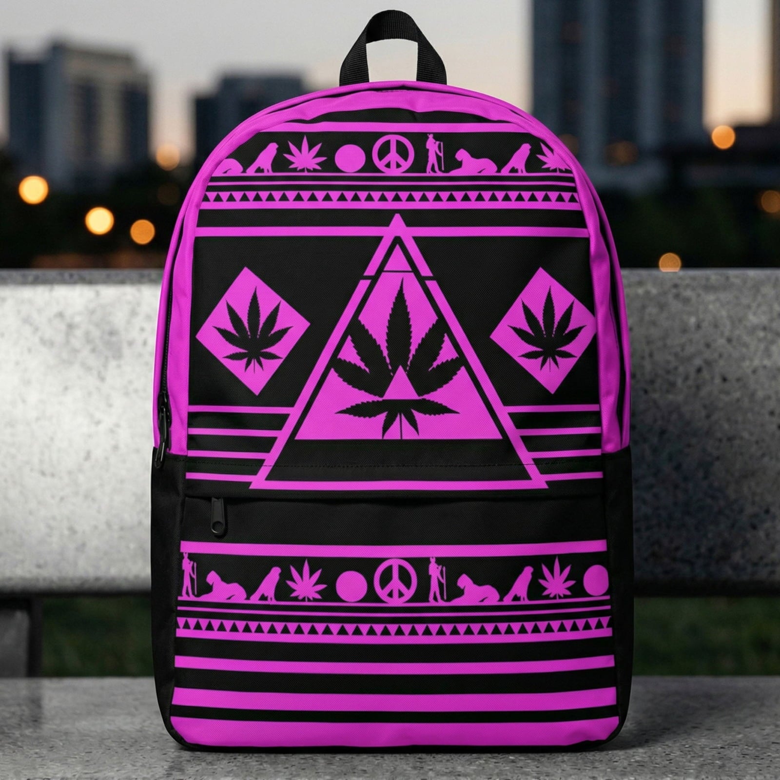 Professional 8k RAW Noir photography of the NGU Pink Geometric AOP Backpack centered on a concrete bench, 1:1 square product shot.