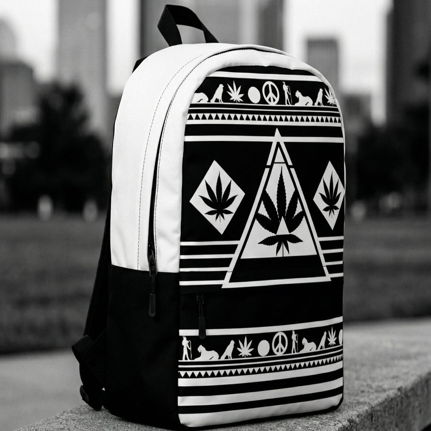 High-contrast 3/4 profile of the technical backpack on a concrete ledge with a blurred urban skyline.