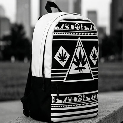High-contrast 3/4 profile of the technical backpack on a concrete ledge with a blurred urban skyline.