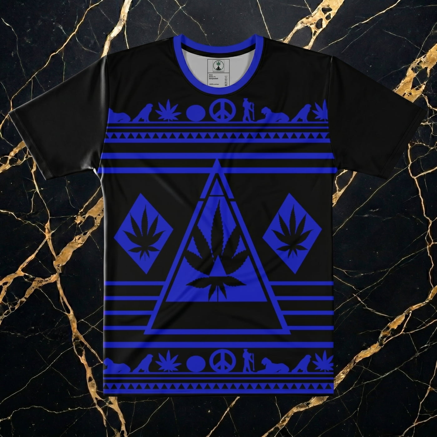 Frontal product shot of NGU Vanguard print-all-over technical shirt; 160gsm performance-matte polyester fabric featuring sharp black and cobalt blue geometric patterns; seamless technical weave construction.