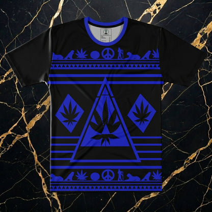 Frontal product shot of NGU Vanguard print-all-over technical shirt; 160gsm performance-matte polyester fabric featuring sharp black and cobalt blue geometric patterns; seamless technical weave construction.