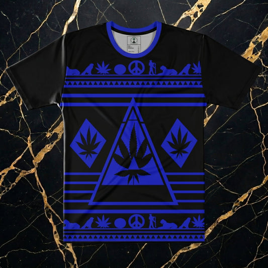 Frontal product shot of NGU Vanguard print-all-over technical shirt; 160gsm performance-matte polyester fabric featuring sharp black and cobalt blue geometric patterns; seamless technical weave construction.