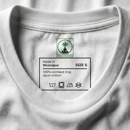 Macro shot of NGU interior neck tag on a white cotton shirt showing size small and premium manufacturing details