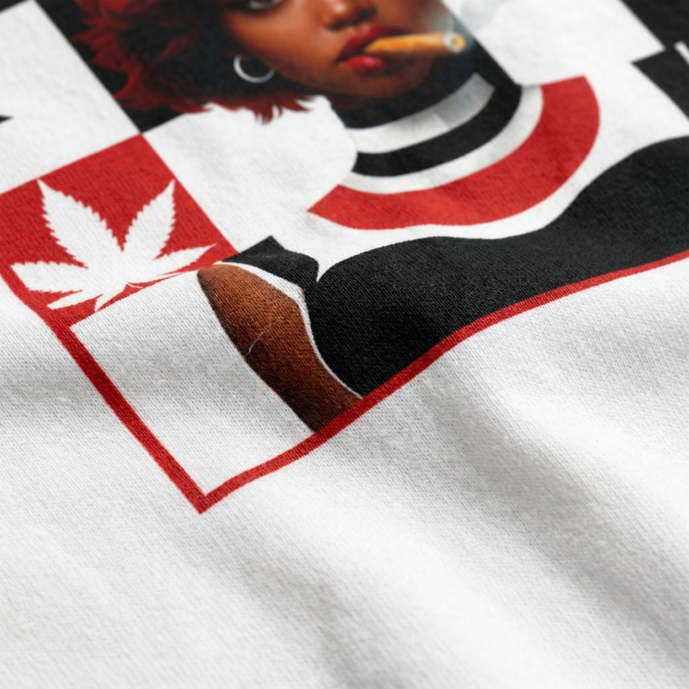 Close-up detail of NGU red and white graphic print fused into heavyweight 400gsm white cotton fabric.