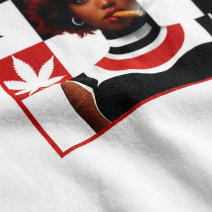 Close-up detail of NGU red and white graphic print fused into heavyweight 400gsm white cotton fabric.