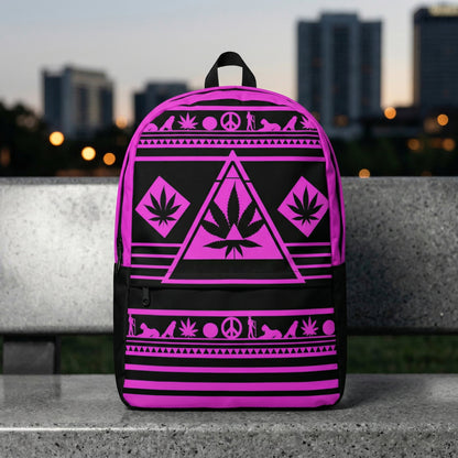 Professional 8k RAW Noir photography of the NGU Pink Geometric AOP Backpack centered on a concrete bench, 1:1 square product shot.