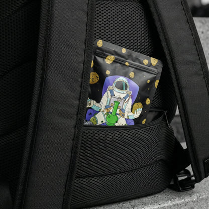 Macro close-up of NGU backpack secret anti-theft lumbar pocket on back mesh, showing scale with Mylar bag insert, Noir selective color.