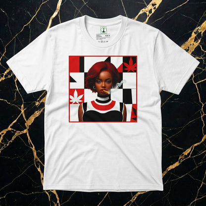 Front view of NGU white heavyweight streetwear t-shirt featuring a centered red and white graphic of a woman smoking a cigar.