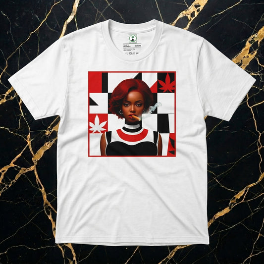 Front view of NGU white heavyweight streetwear t-shirt featuring a centered red and white graphic of a woman smoking a cigar.