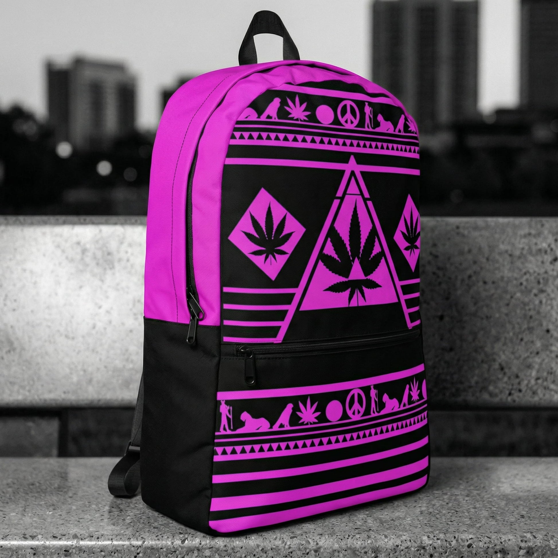 Side profile view of NGU streetwear backpack on concrete, showing 600D fabric depth and matte black stealth hardware, Noir selective color.