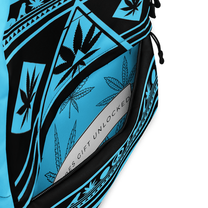 Close-up detail of the cyan-blue AOP print on the front panel of the NGU backpack showing high-fidelity cannabis leaf patterns.