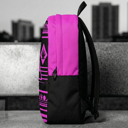 Side profile view of NGU streetwear backpack on concrete, showing 600D fabric depth and matte black stealth hardware, Noir selective color.
