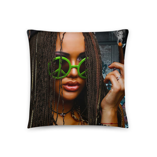 Edgy stoner pillow showcasing a stylish girl with a joint in an urban setting.