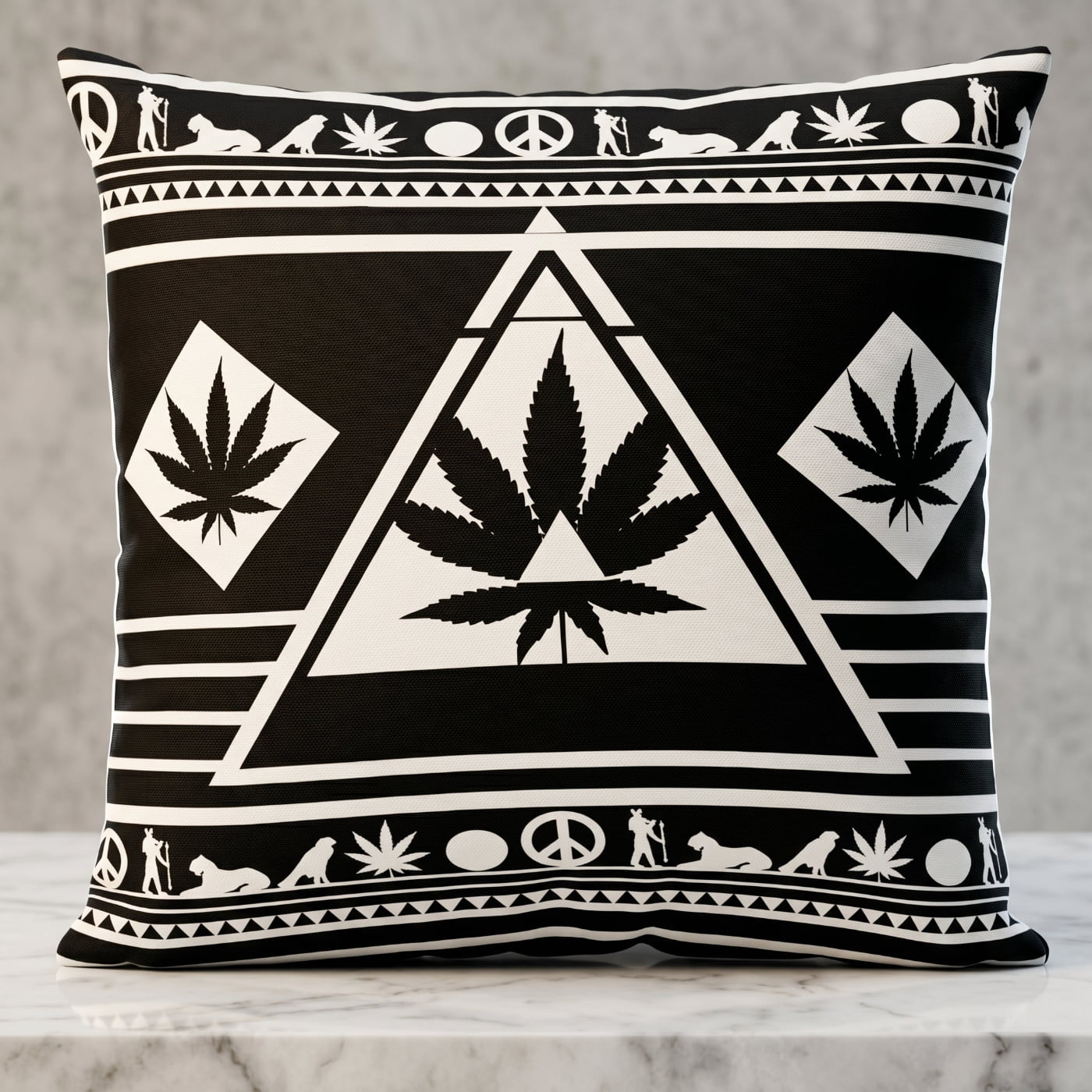 Square product asset of the Black and White NGU Architect weed leaf pillow, highlighting the high-vivid pixel white ink and architectural symmetry of the 1:1 stoner sanctuary design.