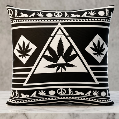 Square product asset of the Black and White NGU Architect weed leaf pillow, highlighting the high-vivid pixel white ink and architectural symmetry of the 1:1 stoner sanctuary design.