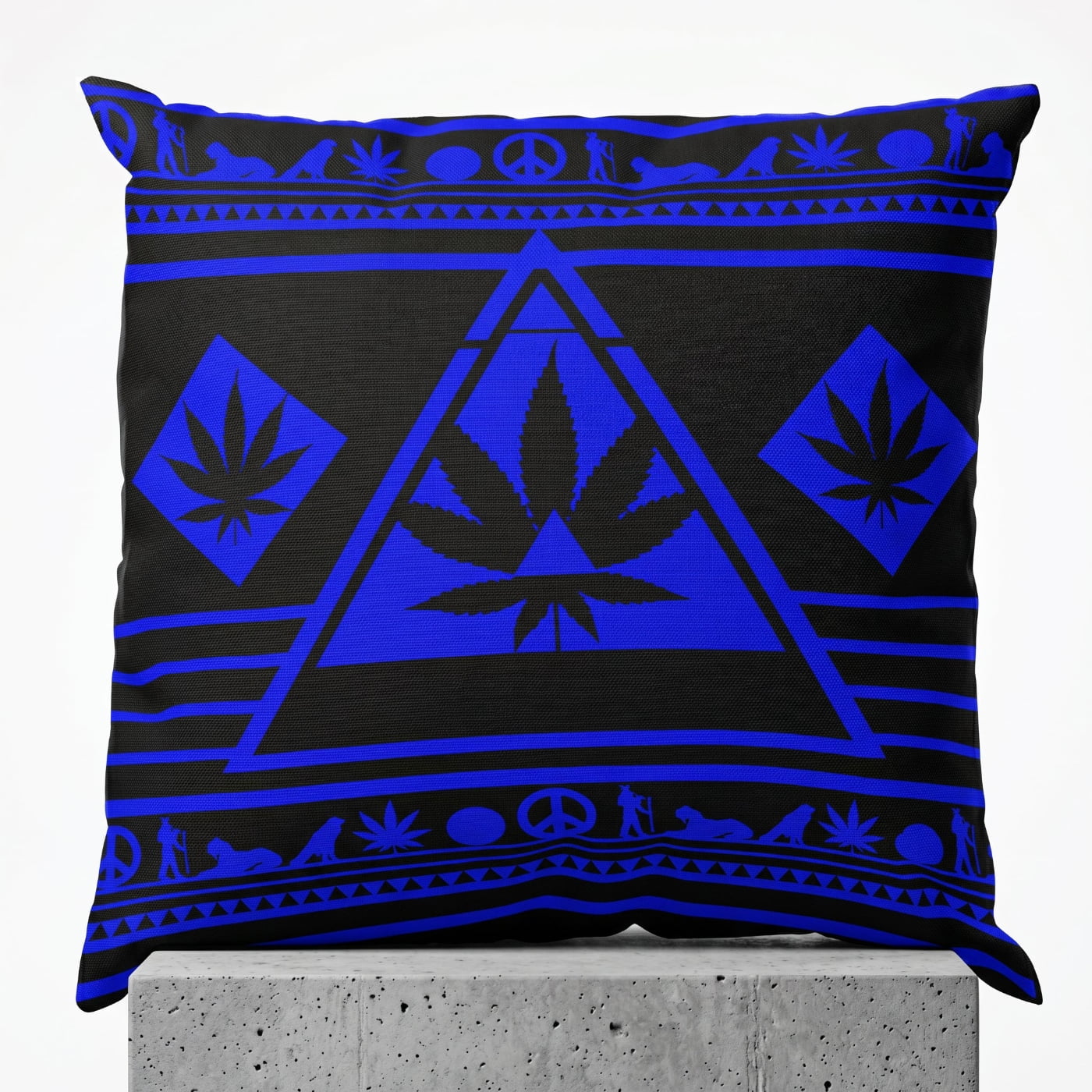 Square product asset of the Blue NGU Architect cannabis pillow, highlighting the high-specular vibrant blue ink and architectural symmetry of the 1:1 triangle design