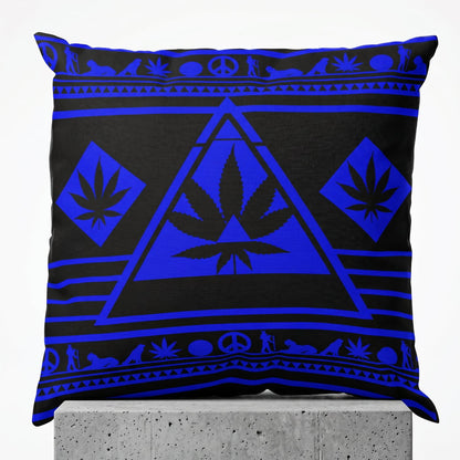 Square product asset of the Blue NGU Architect cannabis pillow, highlighting the high-specular vibrant blue ink and architectural symmetry of the 1:1 triangle design