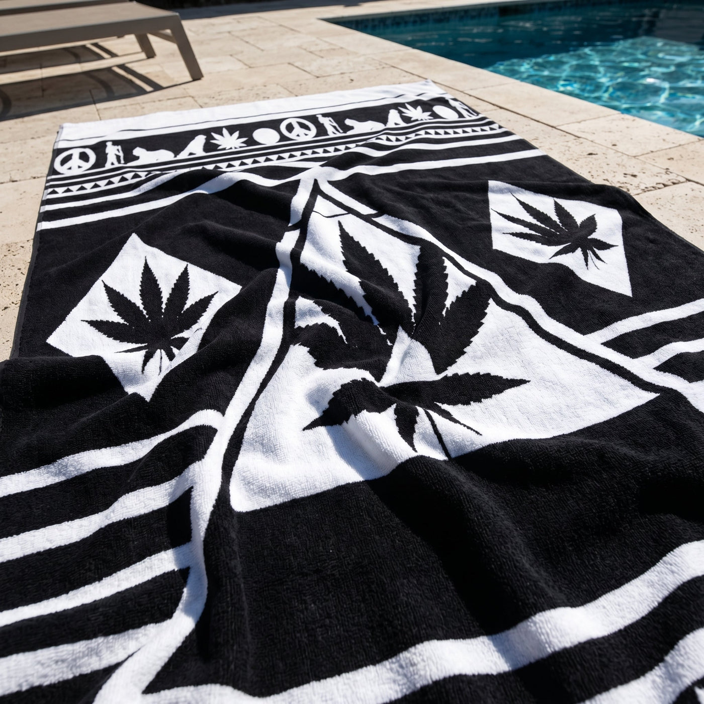 massive 36x72 Black & White NGU Architect Towel is draped across their laps, showing heavy 360gsm cotton loops and sharp geometric line-art.