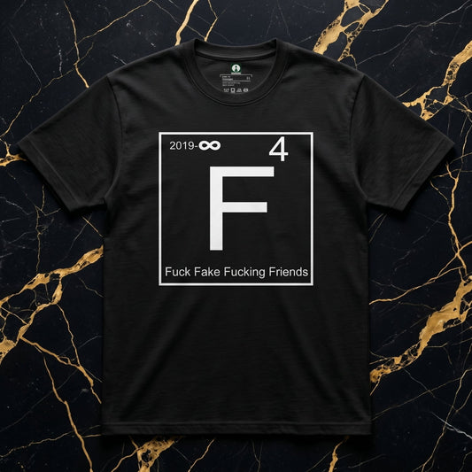 NGU "Fuck Fake Fucking Friends" black 400gsm heavyweight "Armor-Drape" tee with white periodic table "F" graphic laid flat on black and gold Portoro marbl