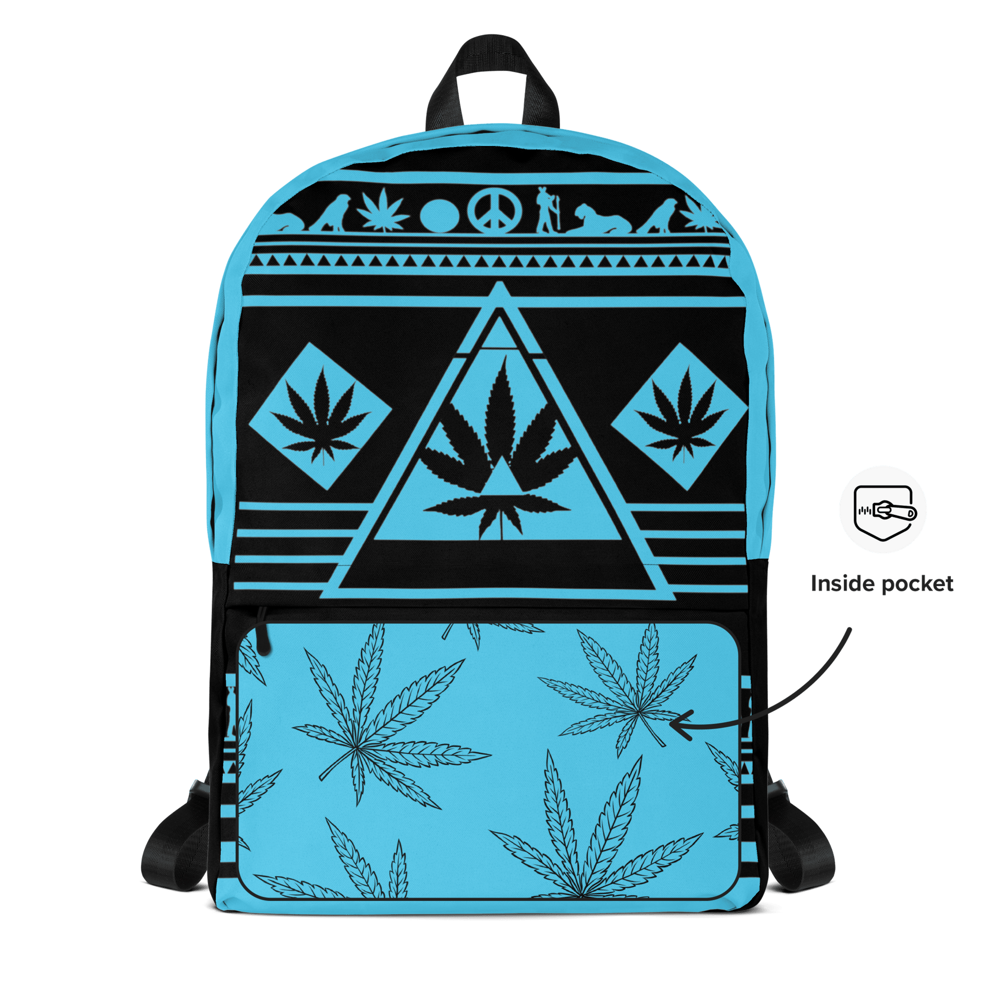 Front view of the NGU Gamma Blue stoner backpack with vibrant cyan-blue cannabis leaf and pyramid graphics on a matte black 600D polyester base.
