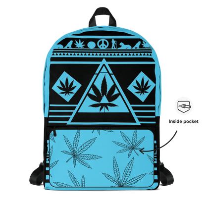 Front view of the NGU Gamma Blue stoner backpack with vibrant cyan-blue cannabis leaf and pyramid graphics on a matte black 600D polyester base.
