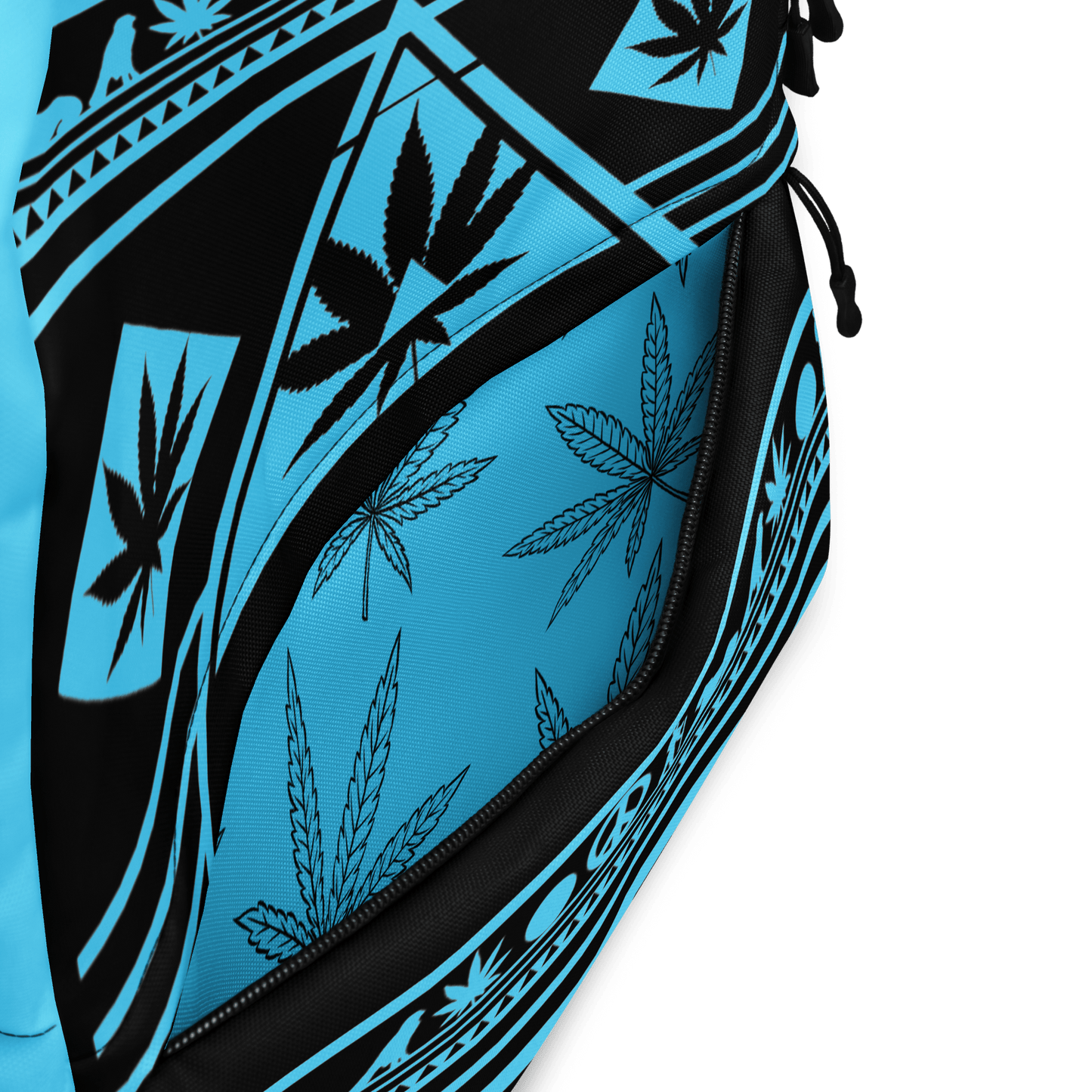 Close-up detail of the cyan-blue AOP print on the front panel of the NGU backpack showing high-fidelity cannabis leaf patterns.
