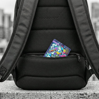 Close-up of the hidden anti-theft stash pocket on the back padding with a colorful mylar package partially visible.