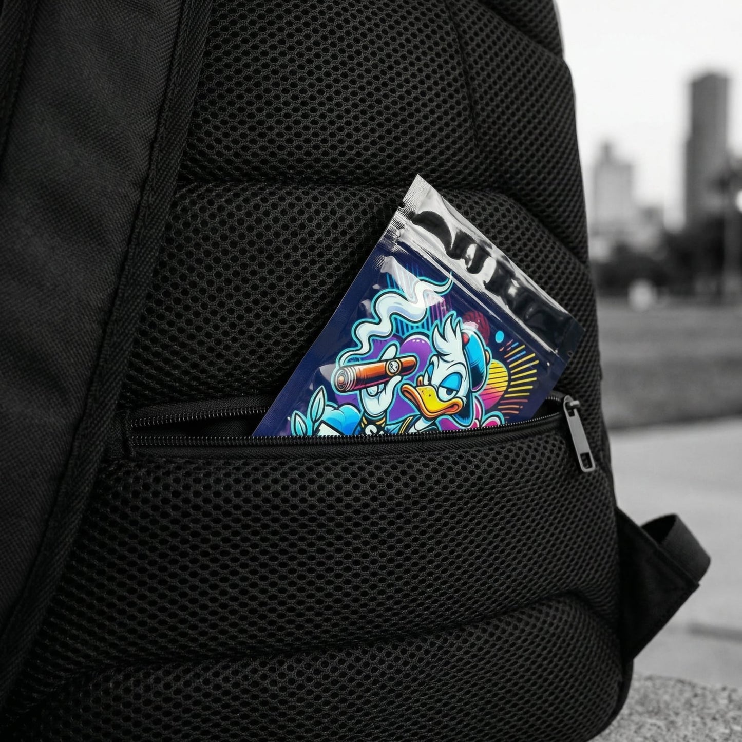 Hidden lumbar stash pocket on the back of the backpack partially open to reveal a vibrant Super Dope style mylar bag tucked inside.