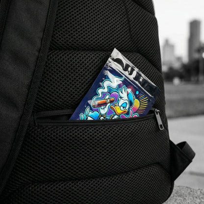 Hidden lumbar stash pocket on the back of the backpack partially open to reveal a vibrant Super Dope style mylar bag tucked inside.