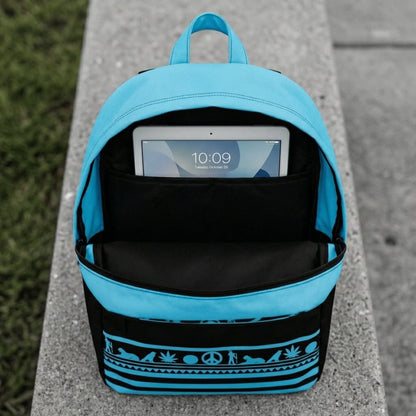 Top-down view into the main compartment of the backpack showing a silver laptop securely inserted into the black internal divider pocket.
