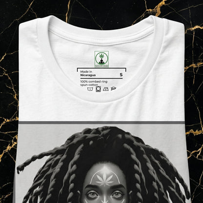 Front view of the NGU Monochrome Muse white 400gsm heavyweight graphic tee featuring black and white cannabis girl art on Portoro marble