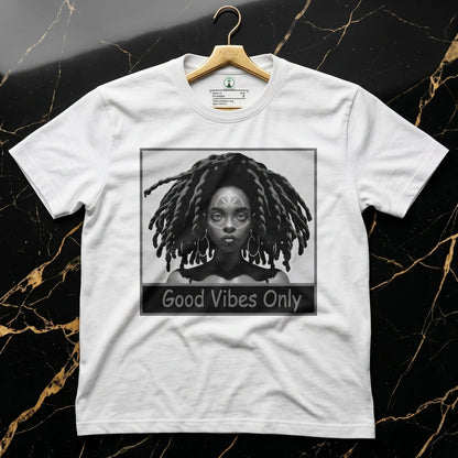 NGU Monochrome Muse white heavyweight graphic t-shirt displayed on a polished 18k gold hanger in a luxury flagship setting