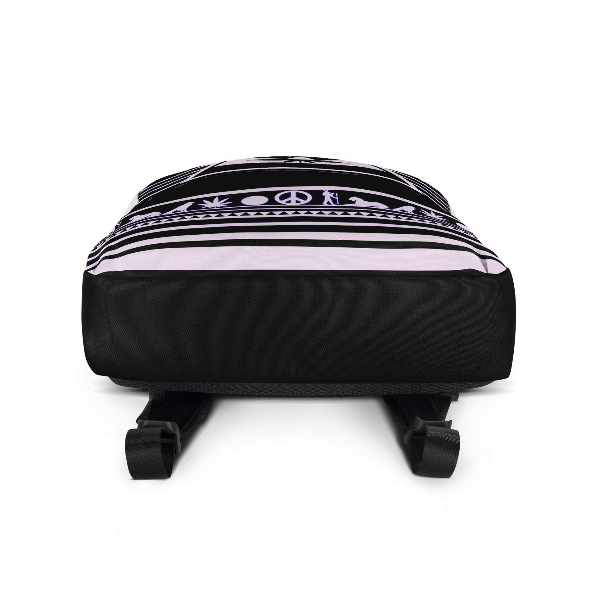 Front view of the Noir Geometric Tech Backpack with solid-white dome and black architectural patterns.