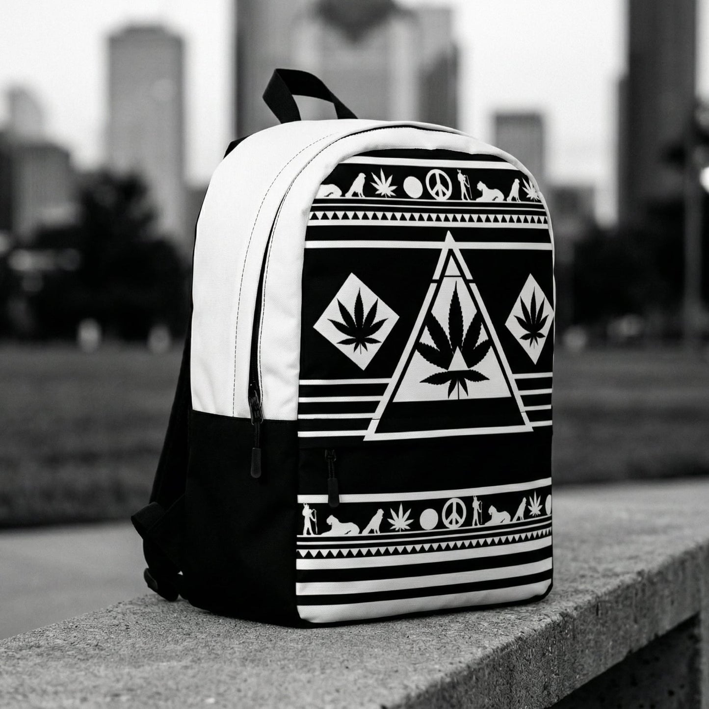 High-contrast 3/4 profile of the technical backpack on a concrete ledge with a blurred urban skyline.