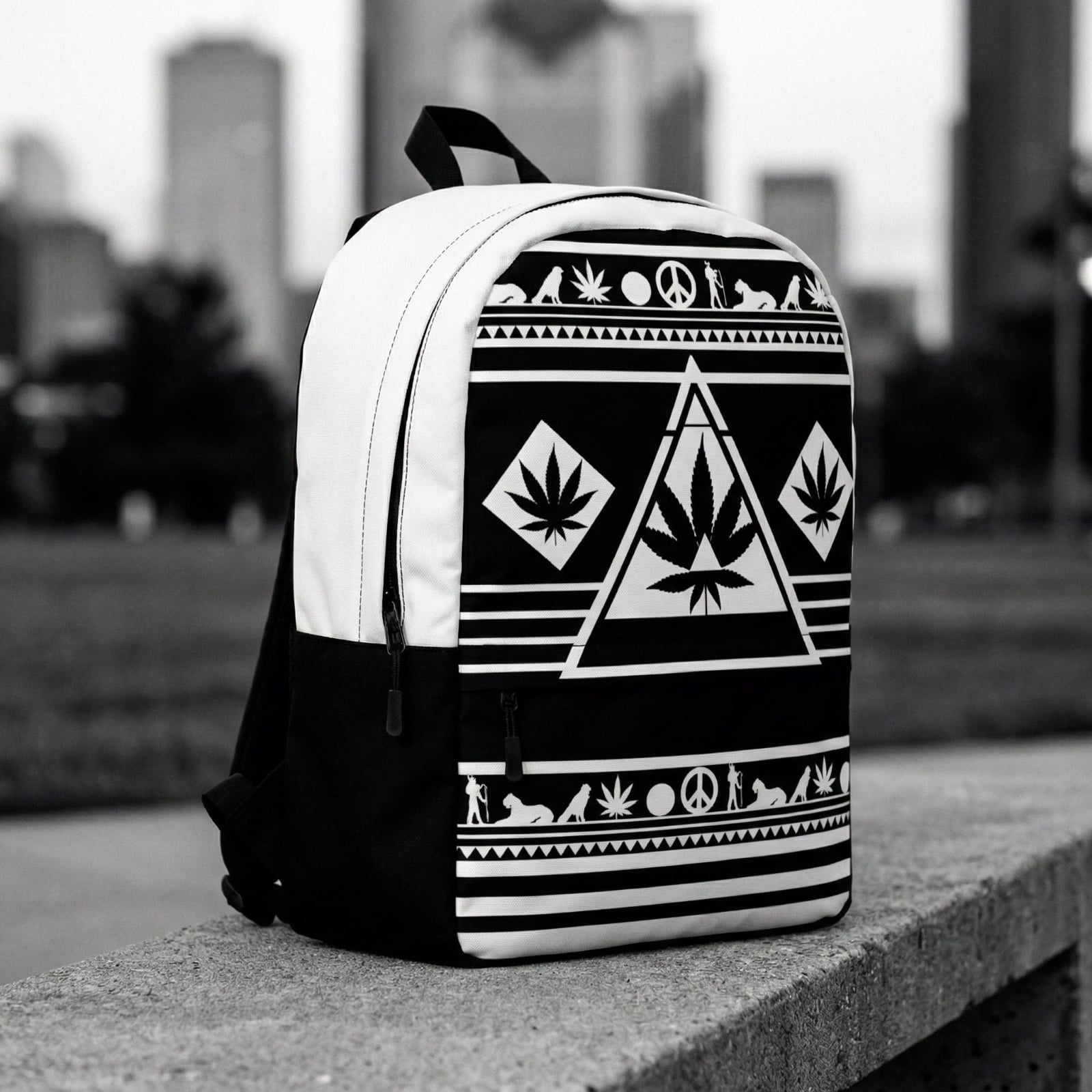 High-contrast 3/4 profile of the technical backpack on a concrete ledge with a blurred urban skyline.