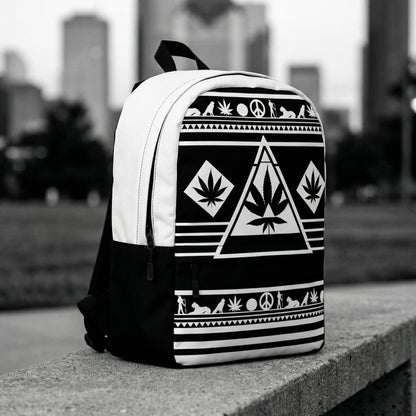 High-contrast 3/4 profile of the technical backpack on a concrete ledge with a blurred urban skyline.