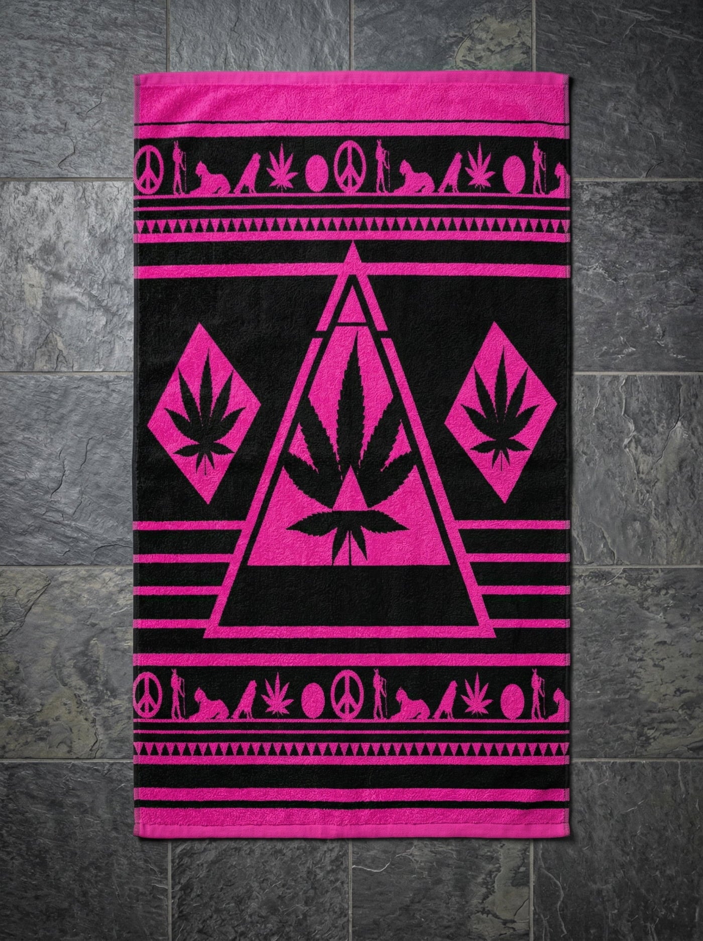 Full vertical view of the NGU Sanctuary Manifesto towel featuring pink pyramid symbol on black heavyweight cotton; stage-ready 420 streetwear accessory.