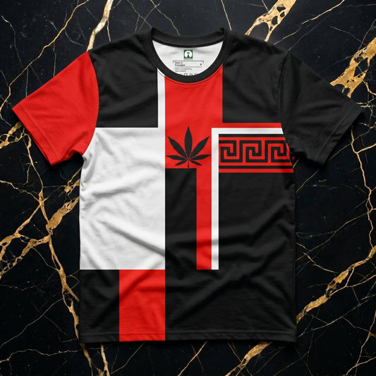 ulian Vance wearing NGU AOP Muse tee with red, white, and black beaded accessories on a penthouse balcony.