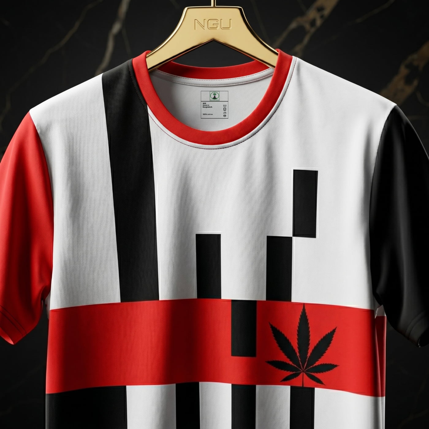 Front view of NGU Vanguard AOP shirt with one red sleeve and one white sleeve featuring a red geometric torso and cannabis leaf.
