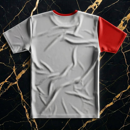 Rear view of NGU performance shirt showing the solid Snow White back panel and asymmetric red and white sleeves.