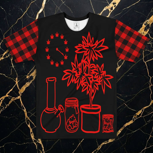 Detail view of black stacked denim and wheat Timberland Field Boots paired with the Vanguard AOP shirt, balcony perspective