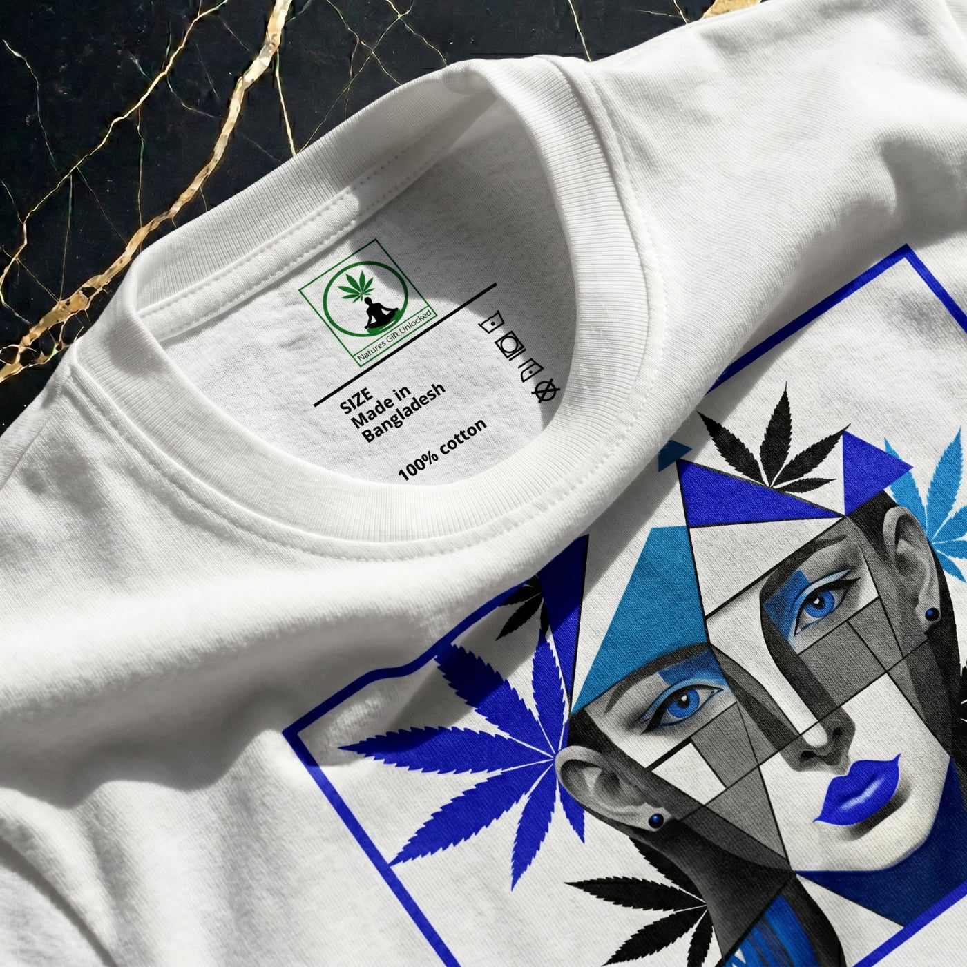 Architectural flat lay of the Blue and White Vanguard shirt on a dark industrial concrete surface with sharp 90-degree shadows.