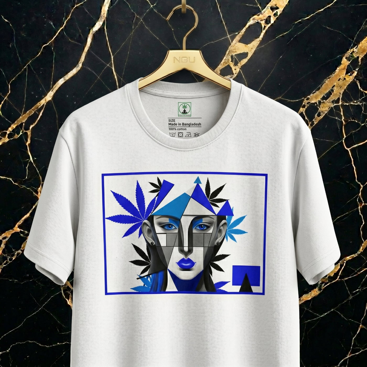 Front view of the NGU Vanguard shirt featuring a Cobalt Blue and Snow White abstract face graphic on 160gsm performance-matte fabric.