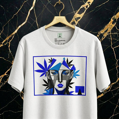 Front view of the NGU Vanguard shirt featuring a Cobalt Blue and Snow White abstract face graphic on 160gsm performance-matte fabric.