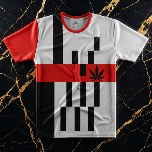 Close-up focus on the NGU Vanguard performance shirt featuring the central cannabis leaf design, red asymmetric sleeve, and precision-flat lay collar.