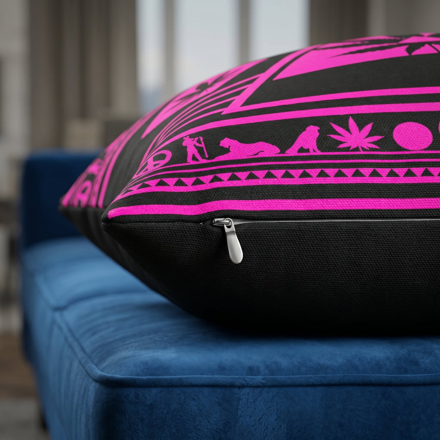 side-angle lifestyle shot of the Vibrant Pink NGU Architect manifesto pillow in a bedroom setting, highlighting the rigid 3D-bellows-style edges and high-specular pink ink.