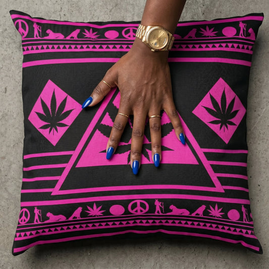Macro shot of a mocha-skinned hand with a gold watch pressing into the Vibrant Pink NGU Architect pillow, showcasing the fabric tension and high-density 275gsm canvas texture.