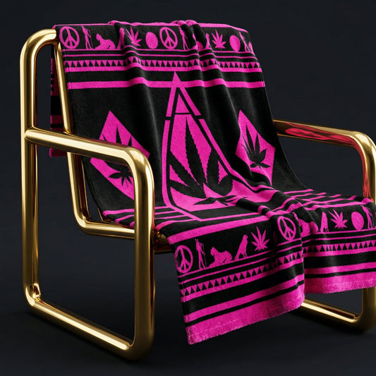 NGU Sanctuary towel draped over a liquid gold designer chair in a high-status penthouse; high-functioning creative sanctuary decor and cannabis lifestyle aesthet