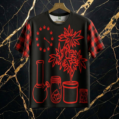 Front view of the Vanguard AOP performance shirt featuring a red and black geometric symmetric pattern across the torso and both sleeves. 160gsm matte-weave fabric.